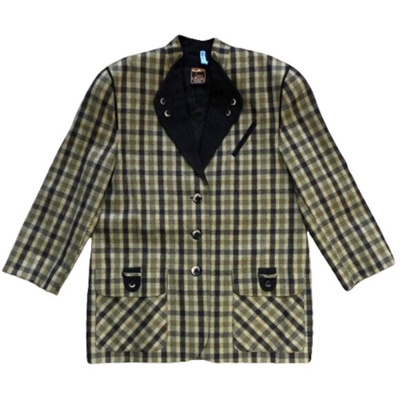 Vintage 90s wool checkered olive green and black blazer jacket, Plus size - Picture 7 of 16